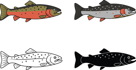 Four distinct illustrations of trout fish showing different styles and colorations for fishing and nature concepts