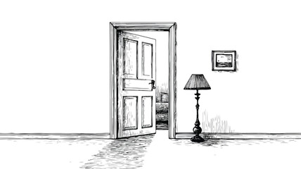 Detailed Vector Sketch of Room Door Entryway Drawing