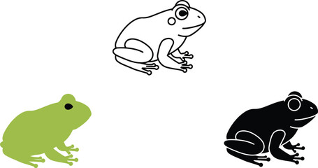 Three stylized illustrations of a frog in different artistic styles including a line drawing a colored version and a silhouette