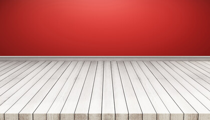 White wood floor panels with red wall. texture background. also used for display or montage your...