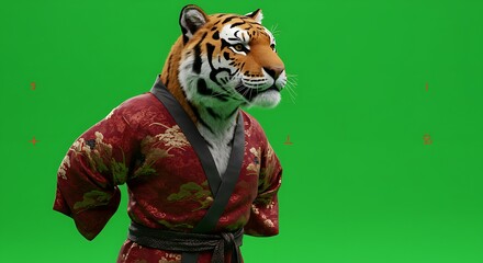 Tiger wearing kimono on green screen
