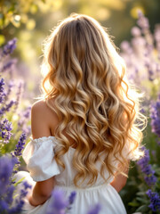 Naklejka premium Elegant wavy hairstyle in floral summer setting for inspiration and fashion trends