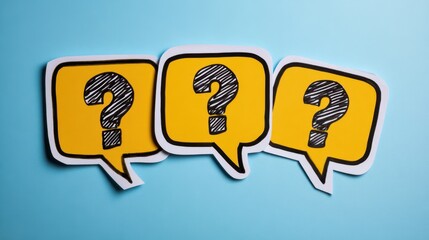 The collection of bright yellow question marks on a blue background.