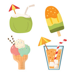 Set of sweet summer icons, drink and ice-cream.