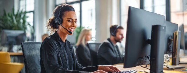 The focused woman at a call center with headset and computer.