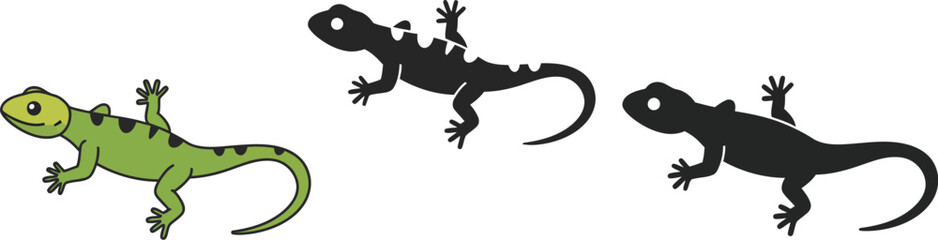 Three stylized lizards one green and two black silhouettes positioned on a white background