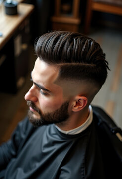 Stylish men's haircut with side part in modern barber shop setting
