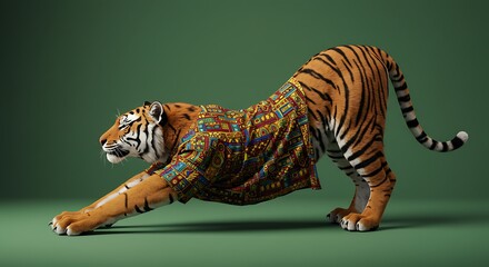 Tiger wearing colorful shirt stretching