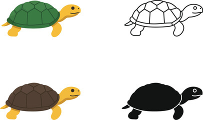 Four different styles of turtle illustrations including realistic plush toy and silhouette