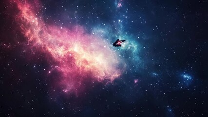 A lone butterfly drifts through a vibrant nebula, cosmic dust swirling around it in a vast, starlit expanse - Powered by Adobe