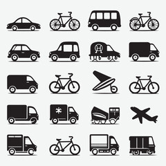 Naklejka premium Black and White Transportation Icon Set Featuring Cars, Bicycles, Vans, Trucks, and Aircraft, transportation icons, vehicle silhouettes, black and white transport set, car icon vector.