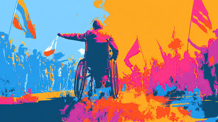 Fototapeta premium Vivid stylized wheelchair user in advocacy rally scene