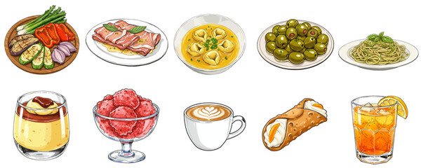 Hand-drawn Italian food set with Roasted Vegetables, Saltimbocca, Tortellini and desserts, colored marker and pencil sketch, high-contrast flat composition, isolated on transparent background