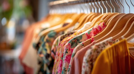 The colorful collection of stylish dresses hanging in a boutique.