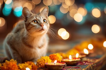 Cat sitting near Diwali oil lamps with glowing bokeh lights in background.