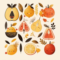 Vibrant hand-drawn fruits with cute faces: apples, pears, oranges, slices, autumn leaves, and decorative accents. Playful clip-art for children's books, stationery, greeting cards, digital designs, or