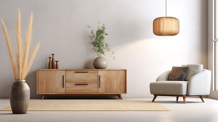 Modern interior design with curved sofa, minimalist pendant light, light wood coffee table, distressed vintage cabinet, pampas grass in ceramic vase, loft and vintage of living room,