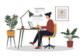 Young woman working remotely on her laptop at a desk in a cozy home office surrounded by plants