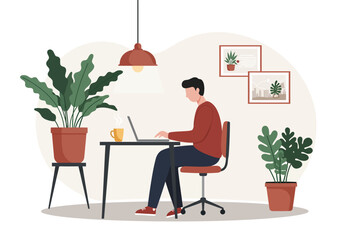 Young man working on laptop at desk surrounded by lush green houseplants in a cozy home office setting