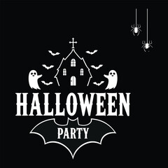 Spooky Halloween Party Design with Haunted House, Ghosts, Bats, and Spiders