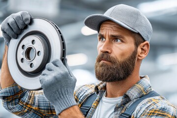Bearded Mechanic Inspecting Brake Disc