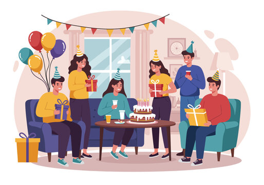 Diverse group of friends and family celebrating a birthday with cake gifts and balloons in a cozy living room setting