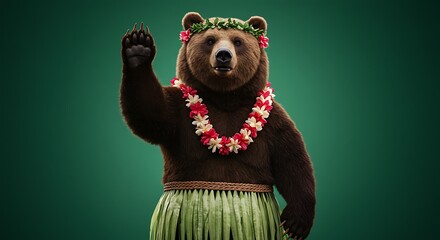 Bear in hula skirt waving
