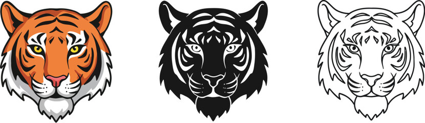 Three distinct tiger head illustrations showing color black and white line art styles