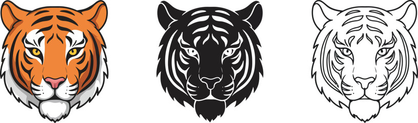 Three distinct tiger head illustrations showcasing a colorful a silhouette and a line art design