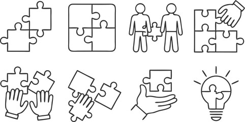 Vector Puzzle Icons Set,Teamwork, Problem Solving, Collaboration and Ideas in Minimal Line Style,Set of web icons,,puzzle pieces,symbol flat vector icon for apps and websites,Light bulb puzzle piece.
