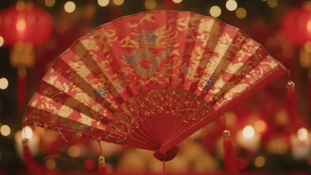 A red fan with gold  blue designs dominates Red lanterns and soft lights blur in the background