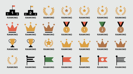 Celebrate achievement with ranking icons, showcasing podiums, medals, crowns and trophies for corporate success and competitive spirit