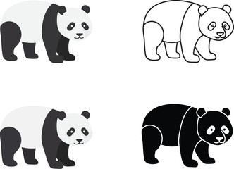 Four hand drawn illustrations of giant pandas in different styles and color variations on white background