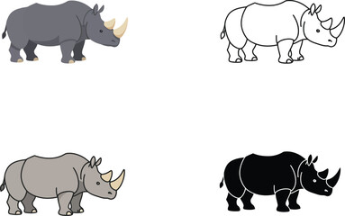Collection of four stylized rhinoceros illustrations in different artistic styles and colors on white background