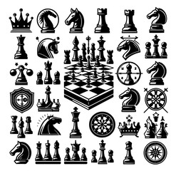 Fototapeta premium Collection of various chess pieces and game related icons in black and white vector illustration set