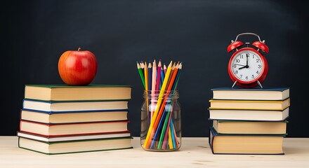 Back to school concept featuring books apple alarm clock and colorful pencils for educational purposes and creative learning