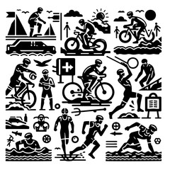 Monochrome illustration featuring various triathlon sports and activities in a square format design