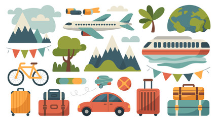 Fototapeta premium Plan your next adventure with these fun travel icons featuring bikes, planes, trains, cars, mountains, and luggage for a perfect getaway