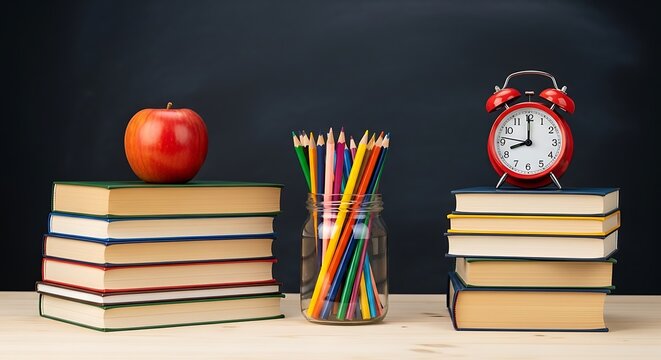 Back to school concept featuring books apple alarm clock and colorful pencils for educational purposes and creative learning