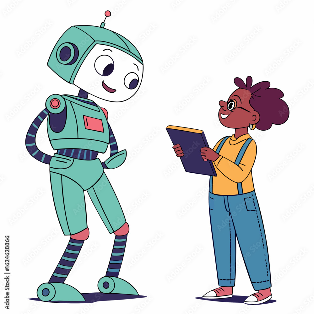 Poster friendly robot and girl with a book isolated on transparent background