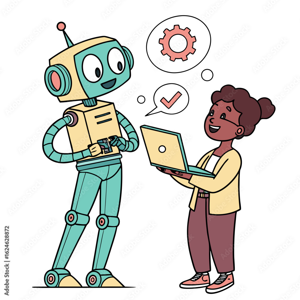 Poster girl and robot collaborating on a project isolated on transparent background