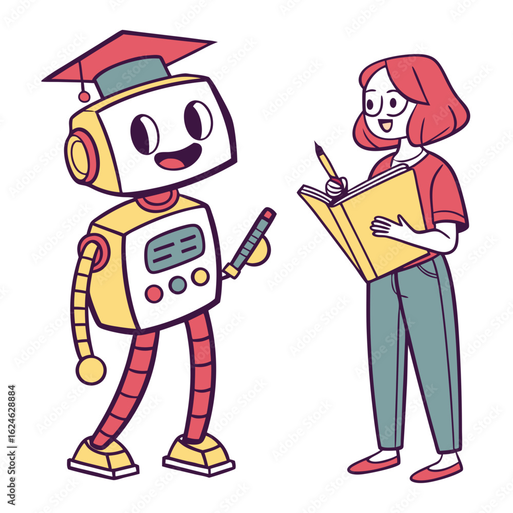 Poster friendly robot with graduation cap and student learning together isolated on transparent background