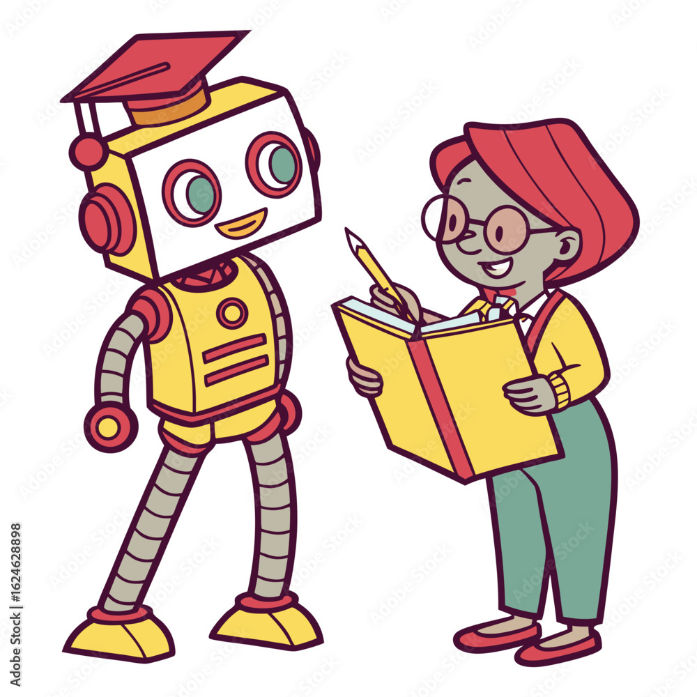 Poster cute robot with graduation cap and child reading a book isolated on transparent background