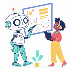 Friendly robot teaching a child about data and graphs isolated on transparent background