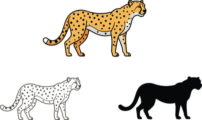 Three stylized illustrations of a cheetah in different artistic styles showing outline silhouette and full color