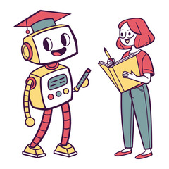 Friendly robot with graduation cap and student learning together isolated on transparent background