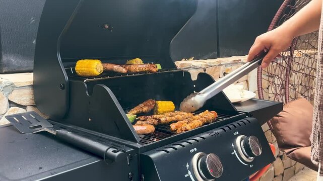 Person grilling meat skewers, sausages, and corn on a gas barbecue. Smoke rises from the grill while cooking outdoors. Tasty summer food preparation for picnic or backyard party.