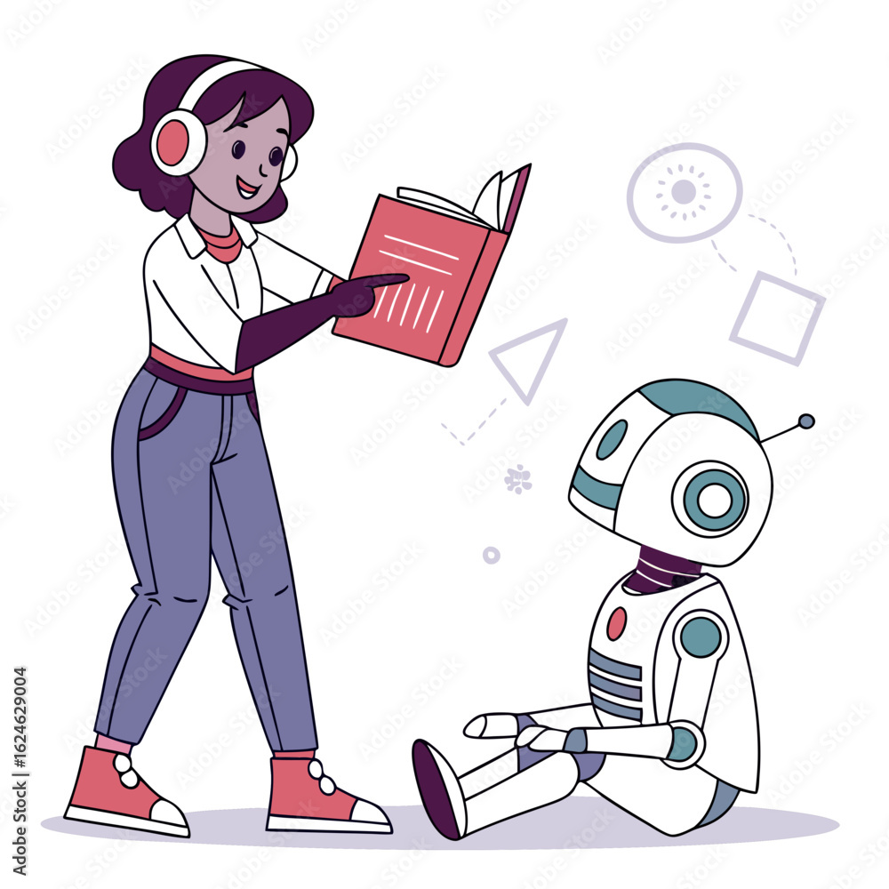 Poster person teaching a robot to read from a book isolated on transparent background