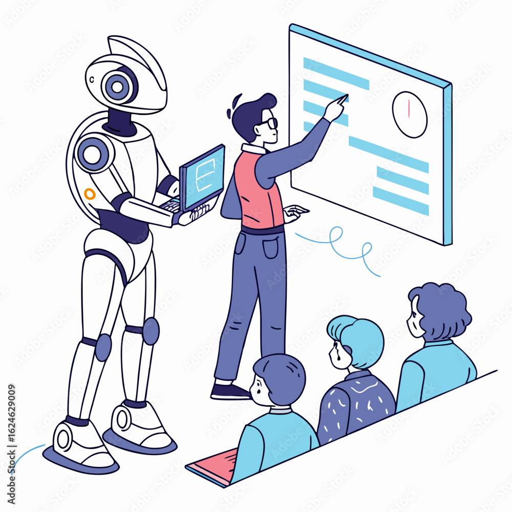 Poster robot and teacher presenting to students in a classroom isolated on transparent background