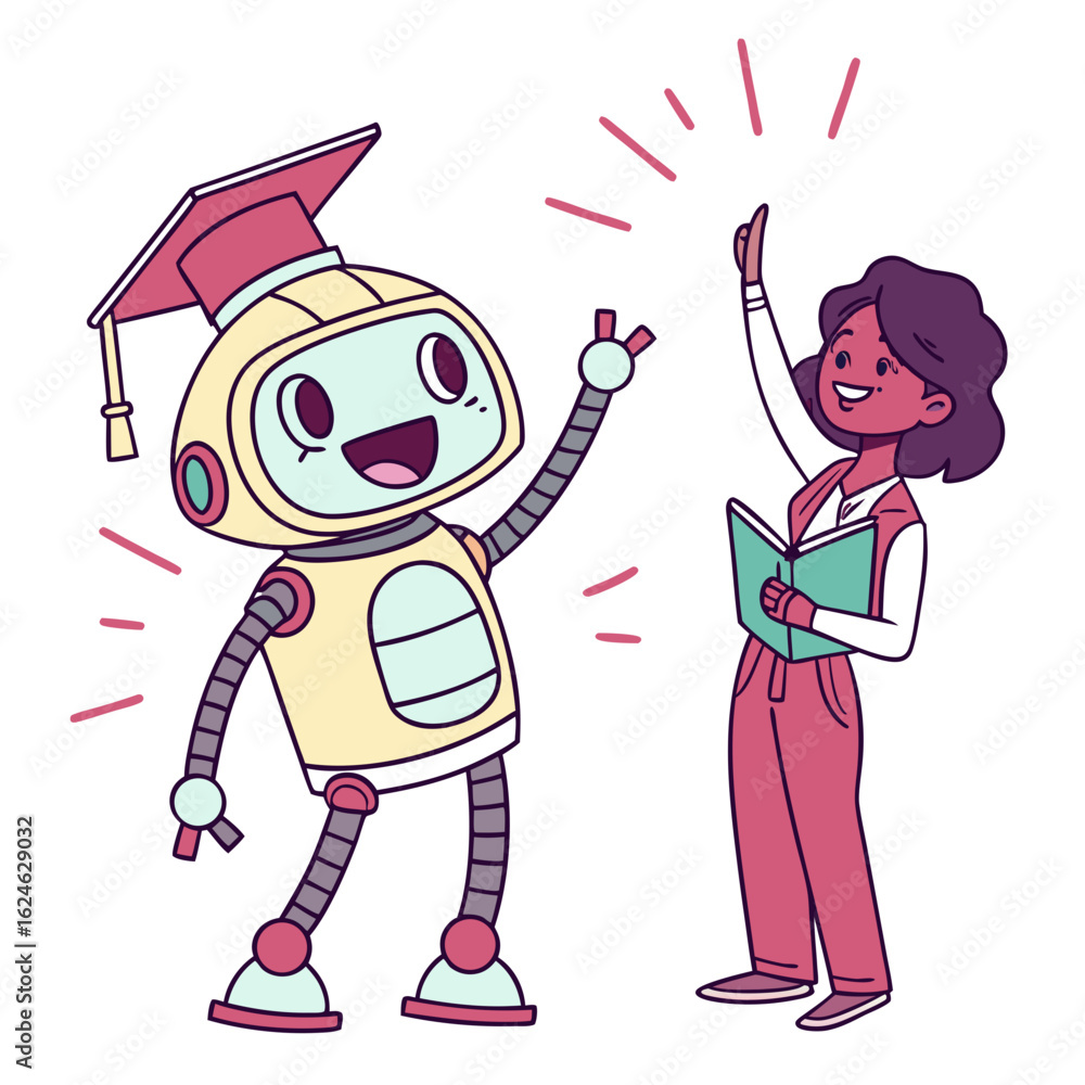 Poster happy robot with graduation cap and student with book isolated on transparent background